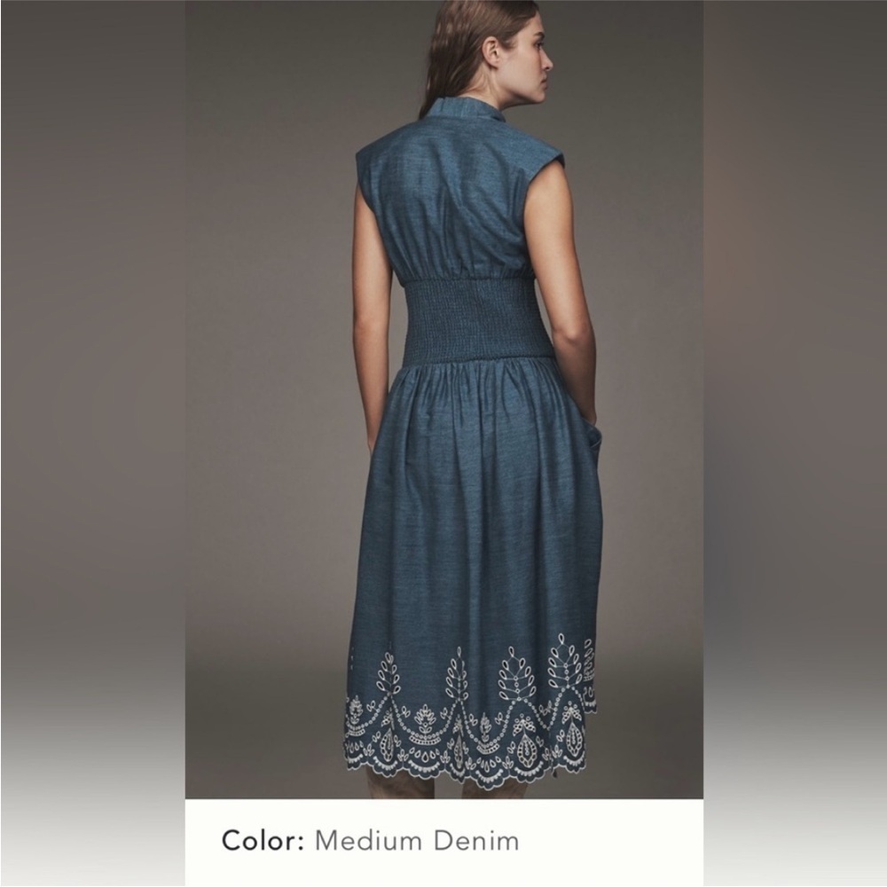 Anthropologie The Tommie Denim Chambray Zip Front Eyelet Trim Dress Blue XSP NWT - Picture 2 of 14
